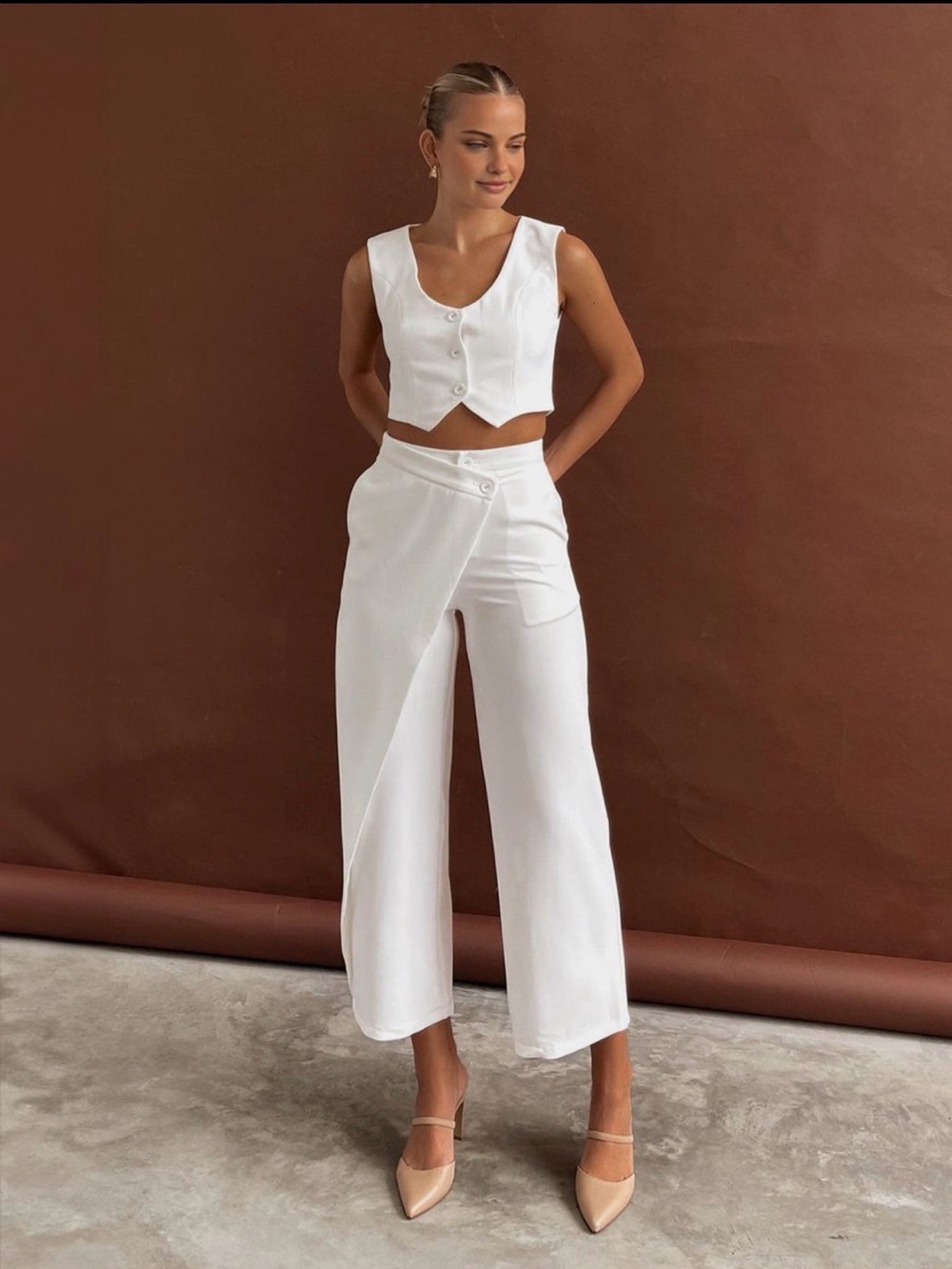 Commense White Cropped Vest & Wrap Wide-Leg Pants Set -2 pieces